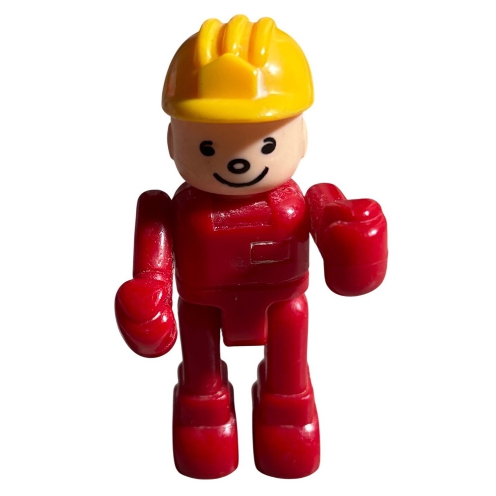 Vintage Plastic Construction Worker Toy Figure Red Uniform Yellow Hard Hat‎ 2.5"